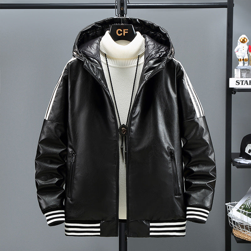Winter Three Bars Hooded Leather Coat Coat Men